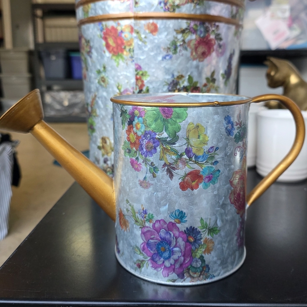 Flower Market Watering Can Galvanized Steel Brass-finish Handle Spout - Picture 1 of 6